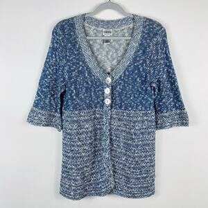Chico's Size Medium 8 1 Marled Cardigan Sweater Blue Cotton Blend Cottagecore
